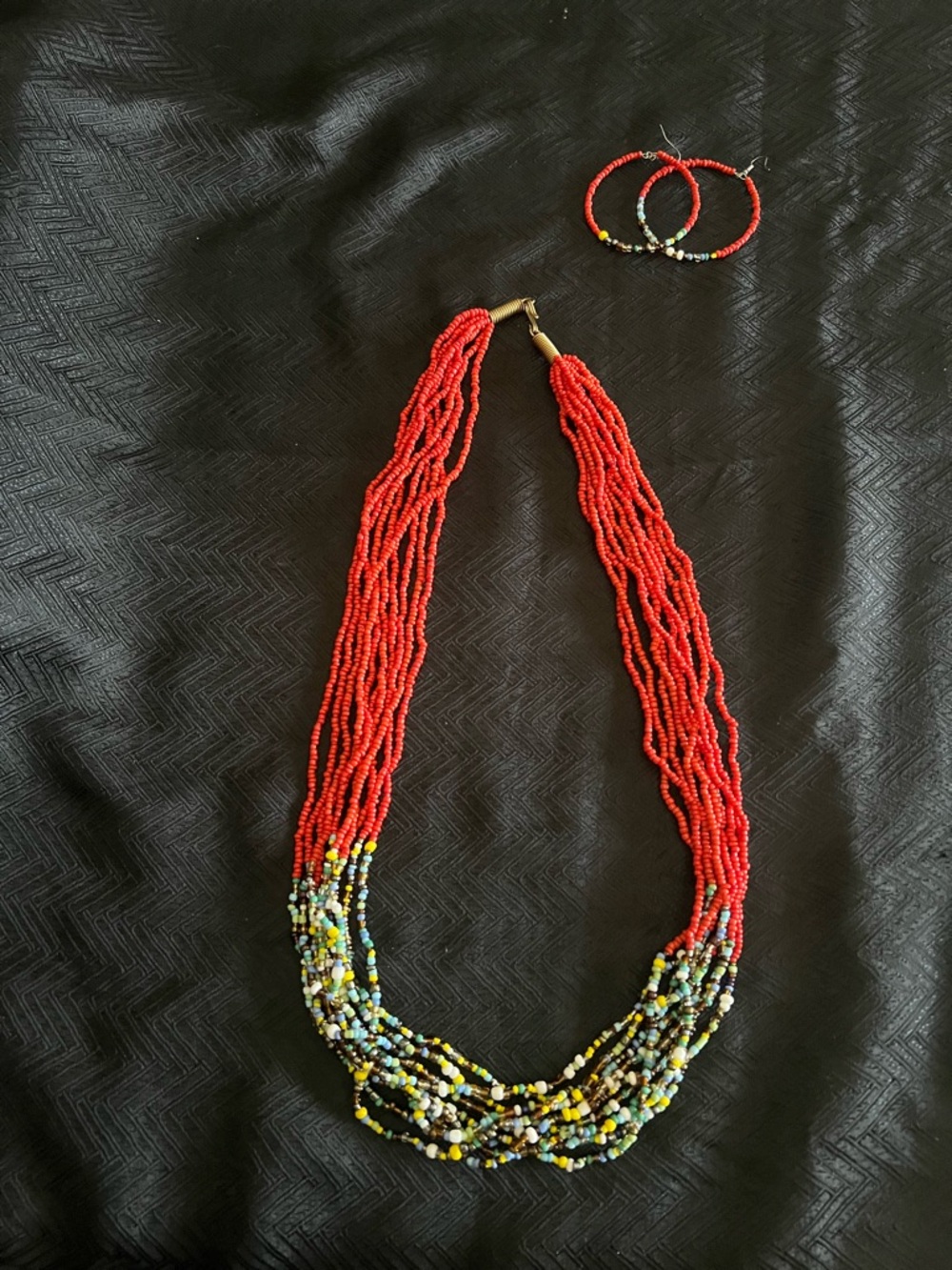 Red Multi-Strand Seed Bead Necklace with Coordinating Hoop Earrings
